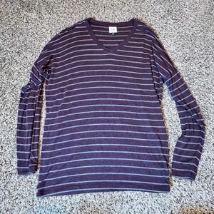 Cabi Womens Striped V-Neck Long Sleeve Relaxed Fit Top Purple Grey 3998 XS